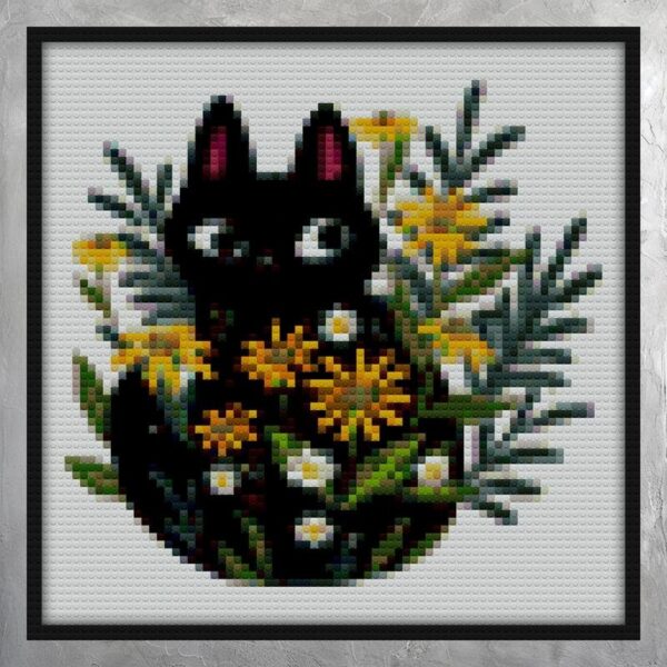 Black cat with flowers Bricks diy mosaic