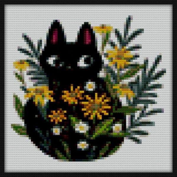 Black cat with flowers Bricks Art
